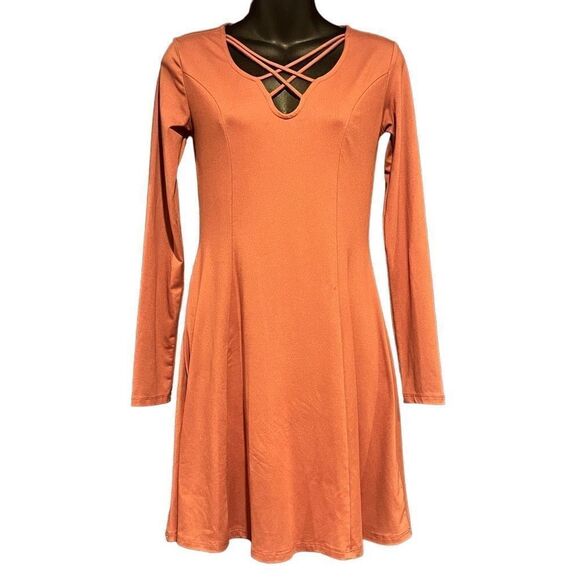Mudd Dusty Coral Long Sleeve Caged Skater Dress Women’s Small - Picture 1 of 5
